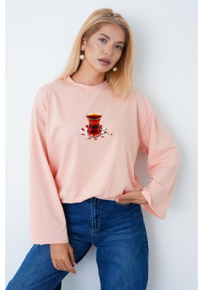 Herkesemoda Çay Bardağı Baskılı Uzun Kollu Tesettüre Uygun Body Somon