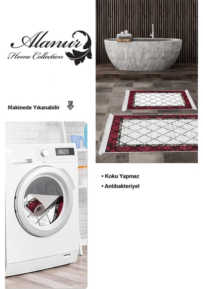 Dekoreko Kaymaz Taban Djt 2 Li Banyo Paspas Takımı Trend Saçaklı Modern M5129 Bordo