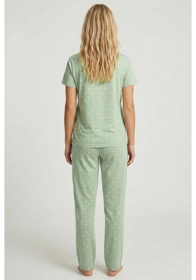 Siyah İnci Pamuklu Örme Pijama Takımı 8025 Mint Yeşil Beyaz