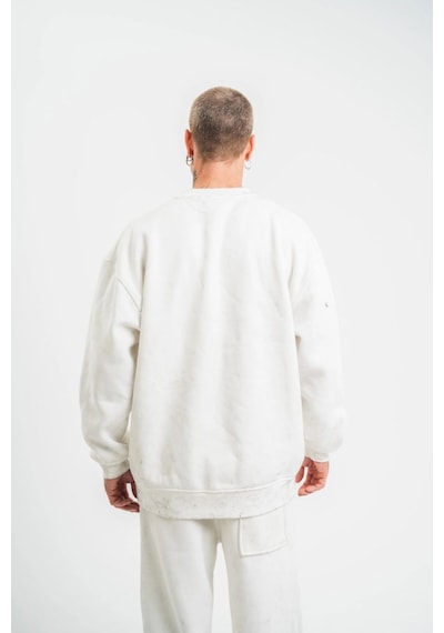 Erkek 3 İplik Pamuklu Bisiklet Yaka Yıkamalı Sweatshirt - Beyaz