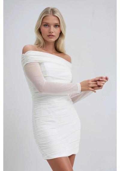 Lijuri Drapeli Madonna Yaka Mini Elbise 2933 R5-j-k5 Beyaz