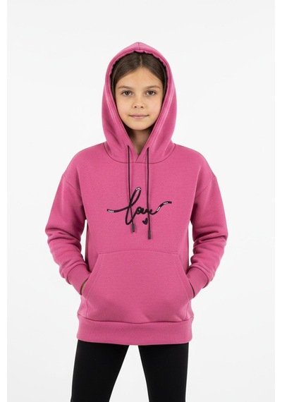 Kapşonlu Love Baskılı Kanguru Cepli Kız Çocuk Sweatshirt-90860 Pembe