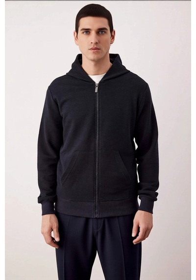 Benerly Erkek Bisiklet Yaka Standart Kol Fermuarlı Dokulu Sweatshirt Fonk Lacivert