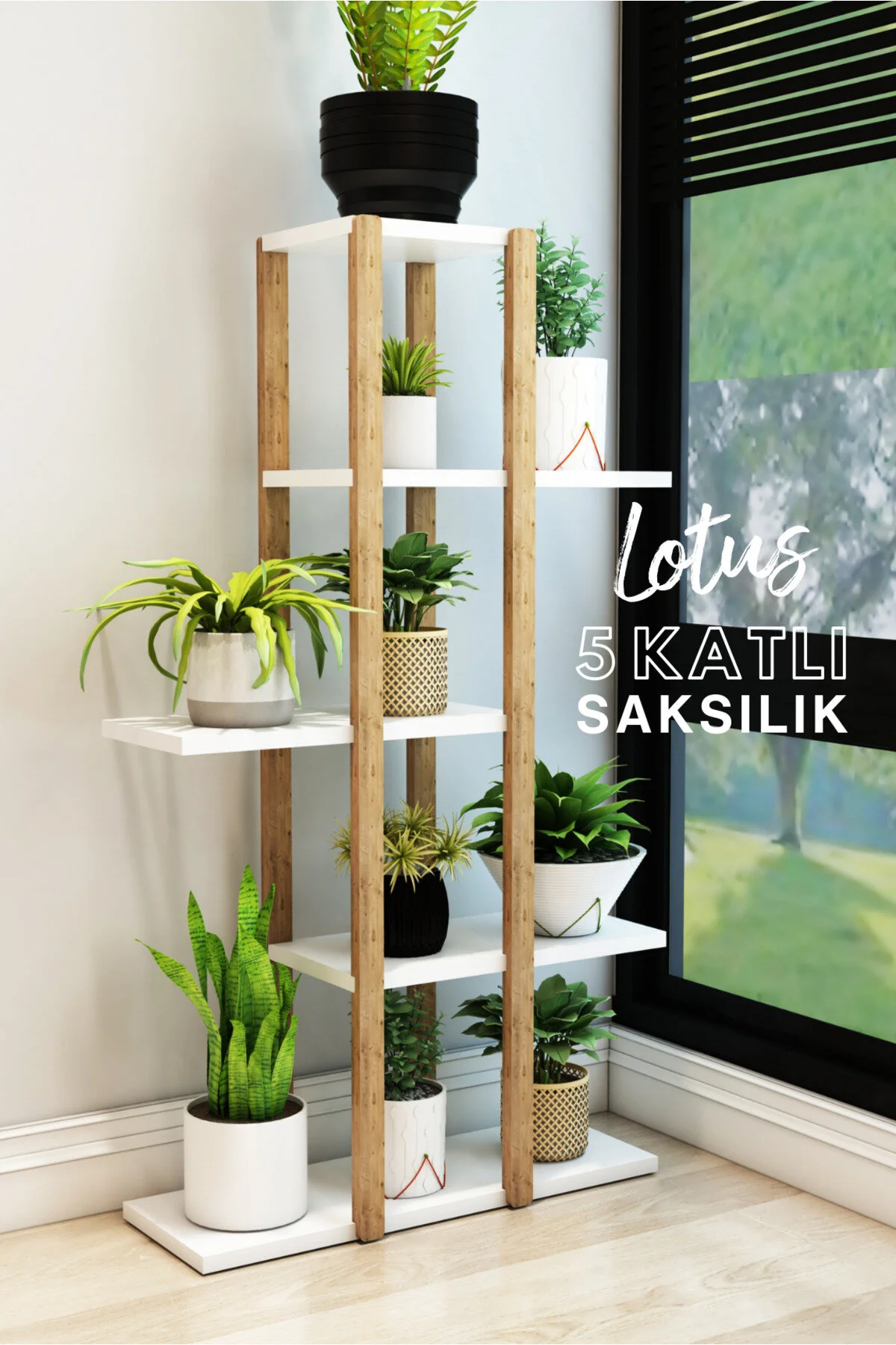 Lotus Ahşap 5 Katlı Çiçeklik, Saksılık, Çiçek Standı, Dekoratif Raf / Çok Amaçlı Kullanım Beyaz