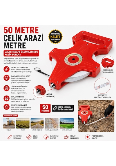 50 Metre Çelik Arazi Metresi Profesyonel Şerit Metre Dayanıklı Ölçüm Bandı 50 M