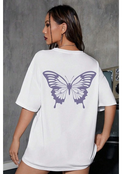 Flood Of Style Unisex Butterfly Baskılı T-shirt Beyaz