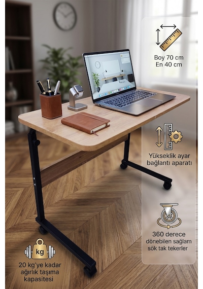 Laptop Sehpası Çalışma Masası Yükseklik Ayarlı Tekerlekli 70-40 Akçaağaç