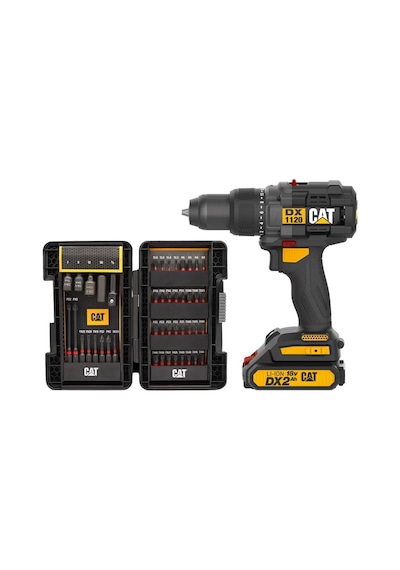 Cat DX1120 18V/2.0AH Li-ion Çift Akülü Kömürsüz Profesyonel Şarjlı Darbeli Matkap + DA01902 45 Parça Vidalama Uç Seti