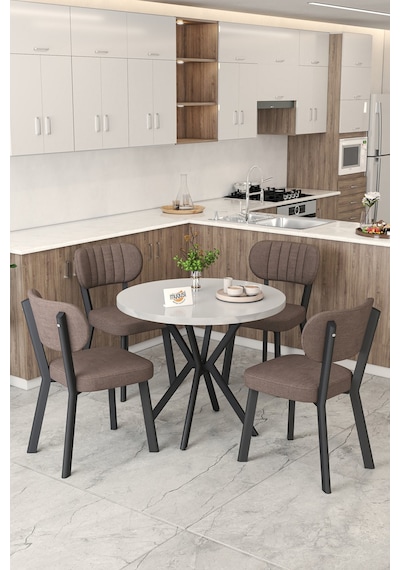 Gnr 90cm Sabit Beyaz Mutfak Masası Takımı, Yemek Masası, 4 Modern Kahverengi Sandalye Kahverengi