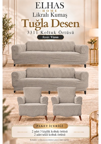 Likralı Kumaş Tuğla Desen 3311 Koltuk Örtüsü Kanepe, Koltuk Kılıfı Yıkanabilir, Esnek 1 Adet Vizon - 934386711 Vizon