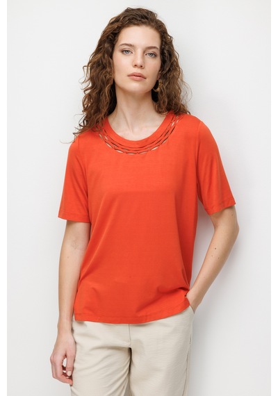 Kadın Sıfır Yaka Yakası Çift Şeritli Taşlı Penye T-shirt Oranj Turuncu