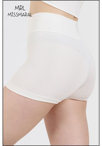 Missmaral Kadın Ekru Comfort Fit Yüksek Bel Toparlayıcı Mini Şort Boxer Likralı Kumaş Havuz Deniz Spor Ekru
