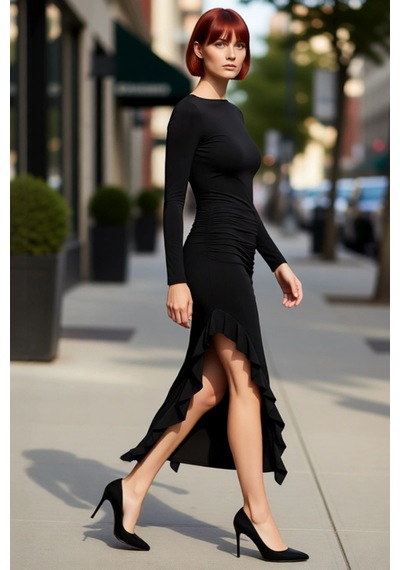 Ersefa Kadın Uzun Kollu Kayık Yaka Eteği Fırfırlı Bodycon Maxi Elbise Mo Siyah
