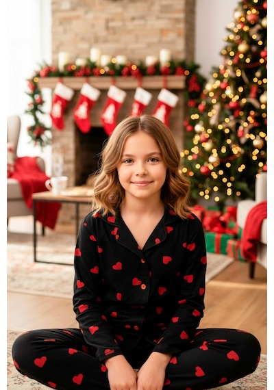 Kız Çocuk Kalp Baskılı Kadife/süet Pijama Takımı -12490 Siyah