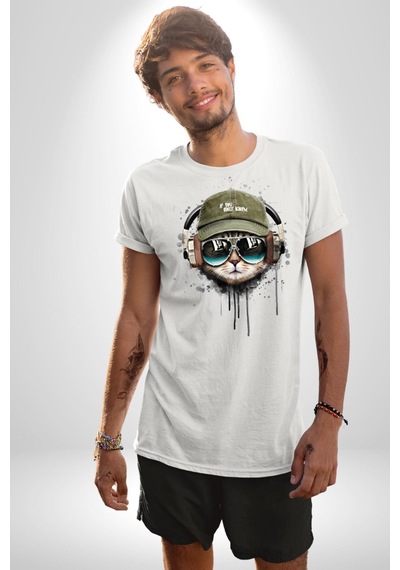 Havalı Pilot Şapkalı Müzik Dinleyen Kedi Unisex Unisex Beyaz Organik Baskılı T-shirt Penye Yüksek Kalite Beyaz