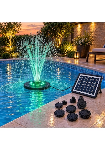 Güneş Enerjili Rgb Led Işıklı Havuz Fıskiyesi - Solar Panelli Yüzer Fıskiye Çoklu Püskürtme Başlıklı Gölet Süs Fıskiyesi & Kuş Banyosu