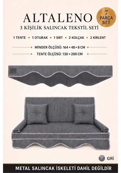 Zishtekstil Keten Kumaş Süngerli Gölgelikli 3 Kişilik Salıncak Minderi 8 Cm Gri