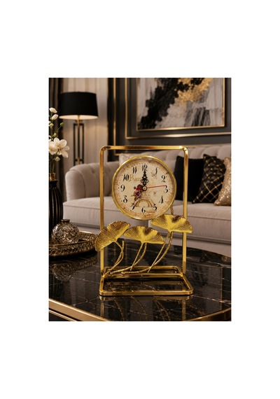 Gold Metal Çerçeveli Paris Manzaralı Ginkgo Yapraklı Dekoratif Masa Üstü Saat Ve Biblo 24x16 Cm Saat Seçeneği-Saatli