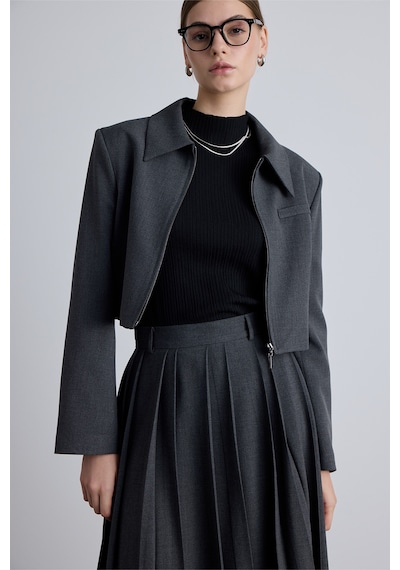 Manuka Klasik Kesim Crop Blazer Ceket Antrasit Antrasit