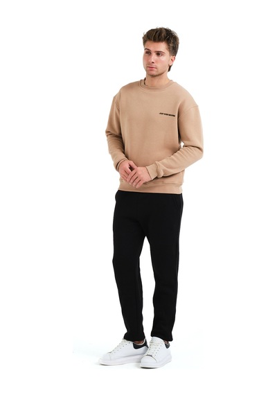 Justever Bisiklet Yaka Nakışlı Şardonlu İçi Polarlı Vizon Erkek Sweatshirt - Volar Vizon