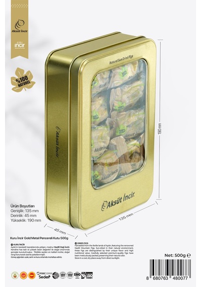 500g Kuru Incir Gold Metal Pencereli Kutu 500 G
