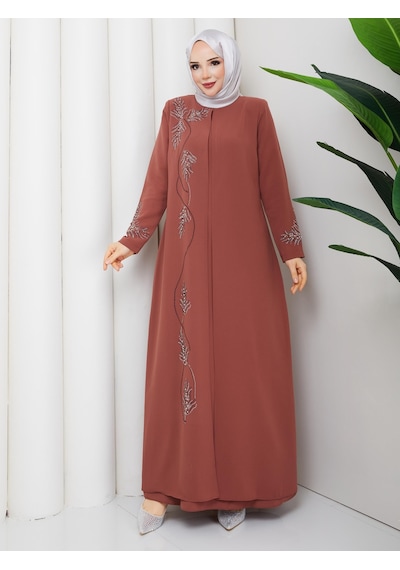 Eslemnur Büyük Beden Yaprak Taşlı Anne Elbisesi En7008 Turuncu