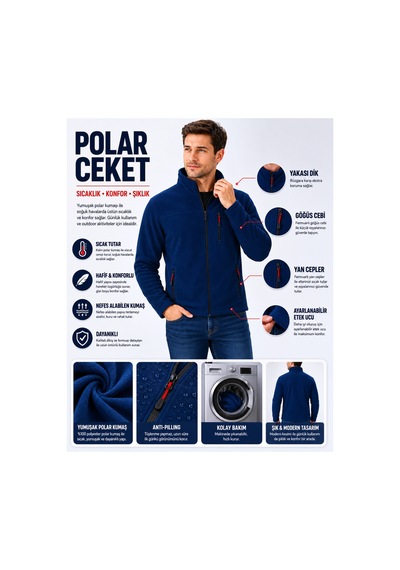 Luxıc Core Erkek Mavi Polar Ceket Fermuarlı Soğuk Havalara Uygun, Rahat Ve Şık Tasarım
