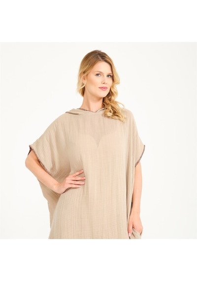 Miespiga Unisex Müslin Kapüşonlu Surf Yetişkin Panço-Bej-Standart Bej