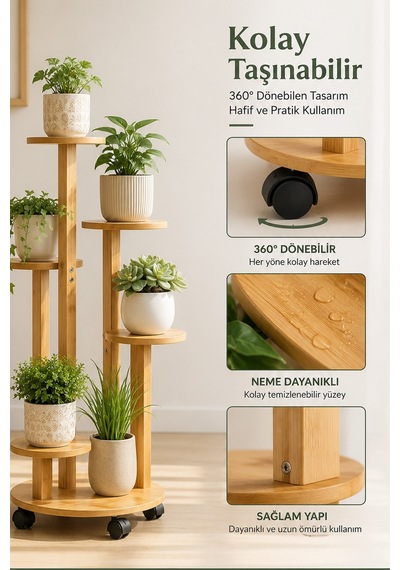 Ahşap 5 Katlı Tekerlekli Çiçeklik Saksılık Dekoratif Daire Model Bitki Rafı