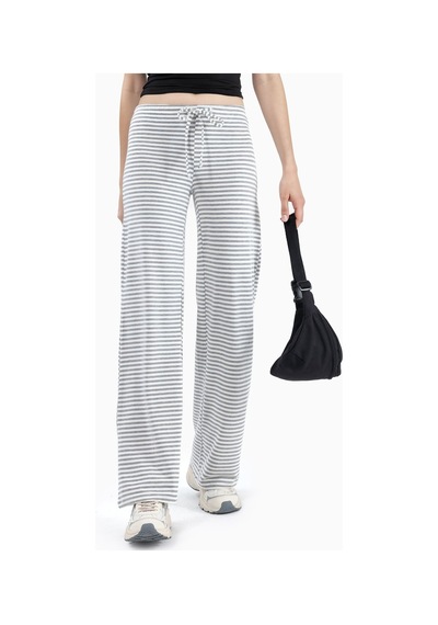 Hiccup Busem İpli Bel Wide Leg Çizgili Pantolon Gri