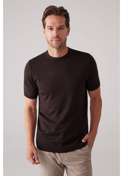 Erkek Kahverengi Slim Fit Bisiklet Yaka Yazlık Triko Tişört