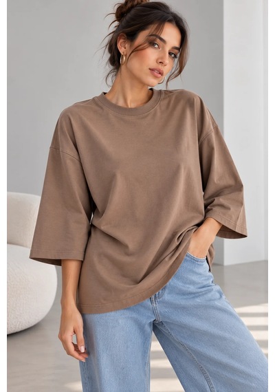 Bb Butik Basic Kadın Oversize Modal Bluz Truvakar Kol Basic Lnc34 Bej