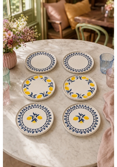 Mavi Limon 6 Lı Seramik Pasta Ve Servis Tabağı Seti Stackable 20 Cm Limon Desenli Akdeniz Sofra Takımı Beyaz