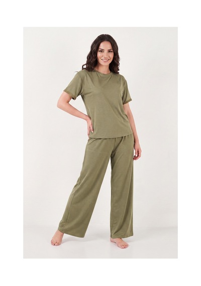 Lela Yumuşak Dokulu Bisiklet Yaka Lastikli Bel Kısa Kollu Pijama Takımı Bayan Pijama Takımı 65720102 Haki