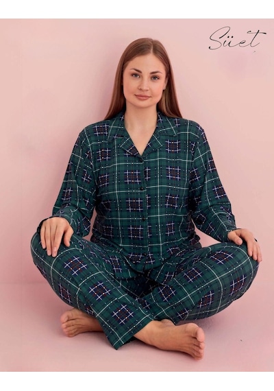 Pijamerry Kadın Büyük Beden Gömlek Yaka Süet Uzun Kol Pijama Takımı 5259- 1 Adet 001