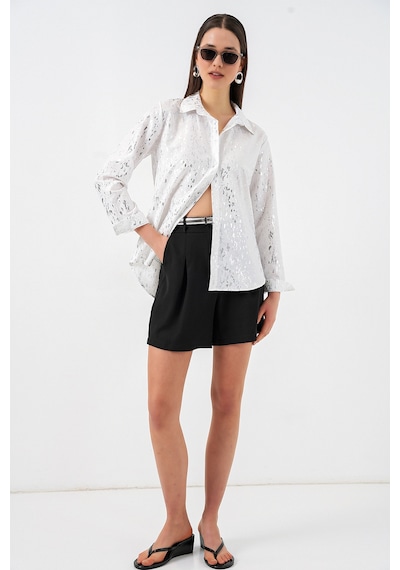 Bigdart Kadın Varak Desenli Gömlek 20253 - Düz Beyaz