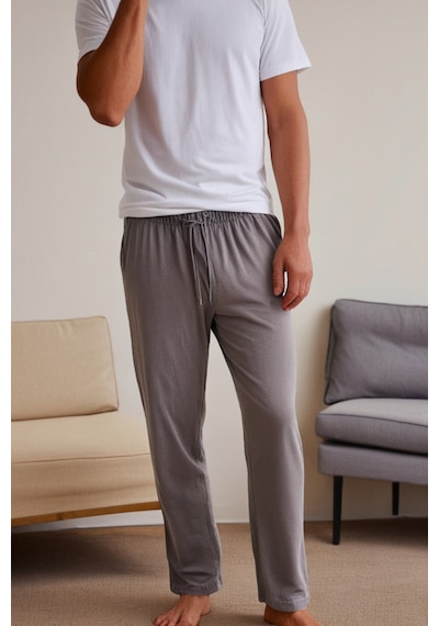 Elemge %100 Pamuk Süprem Erkek Pijama Altı Gri Cepli Rahat Kalıp Relax Fit Lastikli Ipli Terletmez Esnek