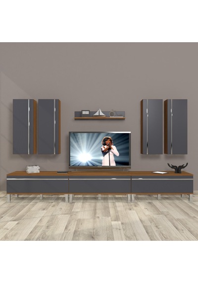 Decoraktiv Eko 8d Mdf Krom Ayaklı Tv Ünitesi Tv Sehpası Ceviz - Antrasit