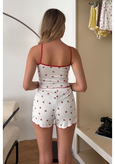 Giysa Kadın Askılı Kaplı Kiraz Desenli Şortlu Pijama Takımı Beyaz Kırmızı - 3403 Beyaz - Kırmızı