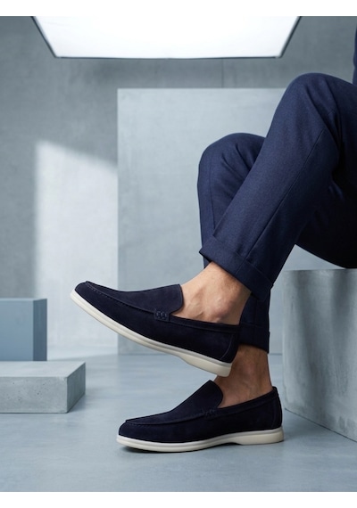 DMR Elegance Ba0252 %100 İçi Dışı Hakiki Deri Erkek Lacivert Süet Casual Loafer Termo Taban Ayakkabı Rekli