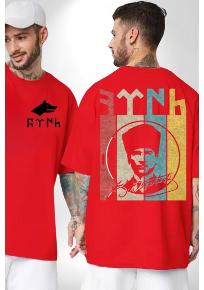 Atatürk İmzalı Türk Logo Kırmızı Oversize Unisex Ön Ve Sırt Baskılı Tişört Kırmızı