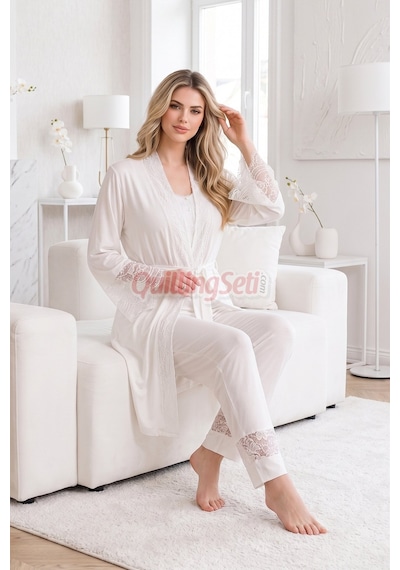 Lady Ekru Renkli, Derin Patlı, Dantel Detaylı 33002 Sabahlıklı 3lü Lohusa Hamile Pijama Takımı