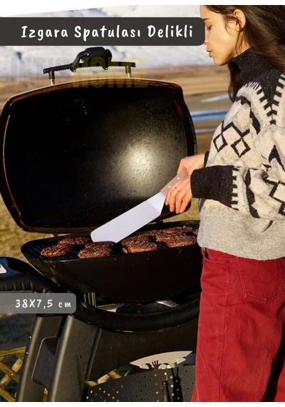 Barbekü Spatulası Paslanmaz Delikli Izgara Spatulası Çelik Hamburger Spatulası 38 Cm Metalik Gri