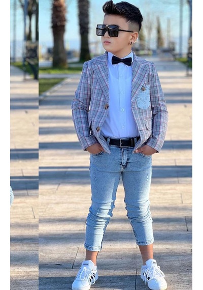Riccotarz Erkek Çocuk Kırmızı Çizgili Blazer Ceket Kot Pantolon Alt Üst Takım Gri