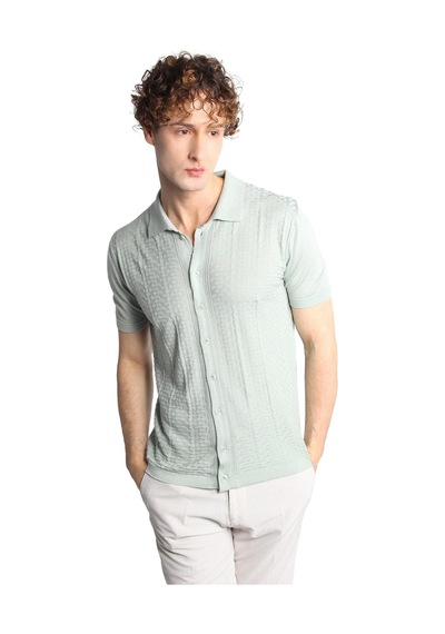 Açık Yeşil Slim Fit Dar Kalıp Düğmeli Polo Yaka Desenli Kısa Kollu Triko Tişört-16318 Yeşil