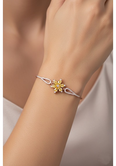 Çekirdekjewelry 925 Ayar Gümüş Sarı Taşlı Lotus Bileklik Pembe