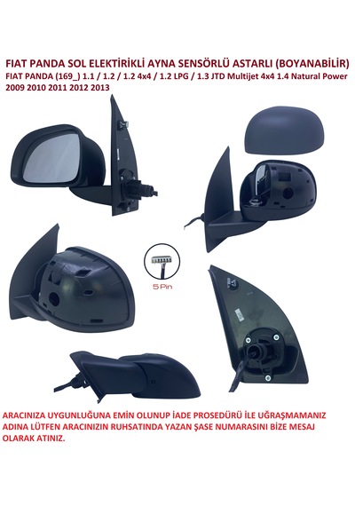 Fiat Panda Elektrikli Sol Dış Dikiz Aynası Sensörlü 2009-2013 5 Pinli