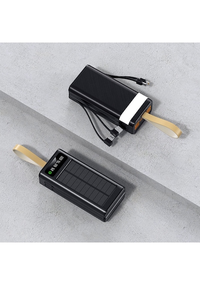 30000 Mah Solar Powerbank Güneş Enerjili Taşınabilir Şarj Cihazı 22.5w Hızlı Şarj Dahili Kablolu Çoklu Çıkış Dijital Ekran Siyah - Siyah