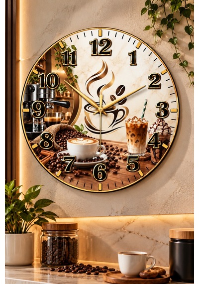Kahve Cafe Temalı Duvar Saati 45 Cm Kahve Dükkanı Kafe Mutfak Uv Baskı Sessiz Akar Mekanizma 918 Çok Renkli