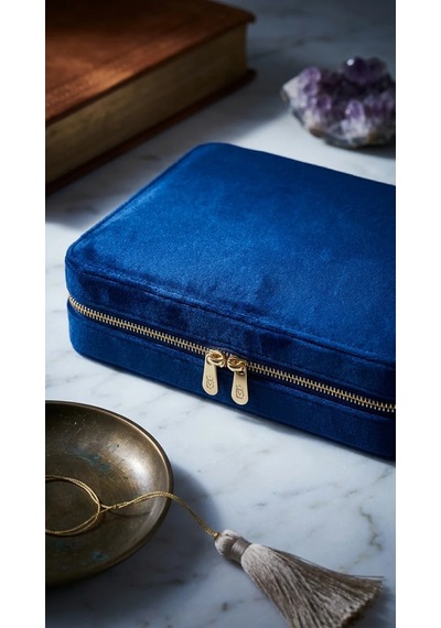 Takı Kutusu Düzenleyici Seyahat Çantası Kolye Yüzük Küpe Organizer Kadife Lacivert 22cmx17cm